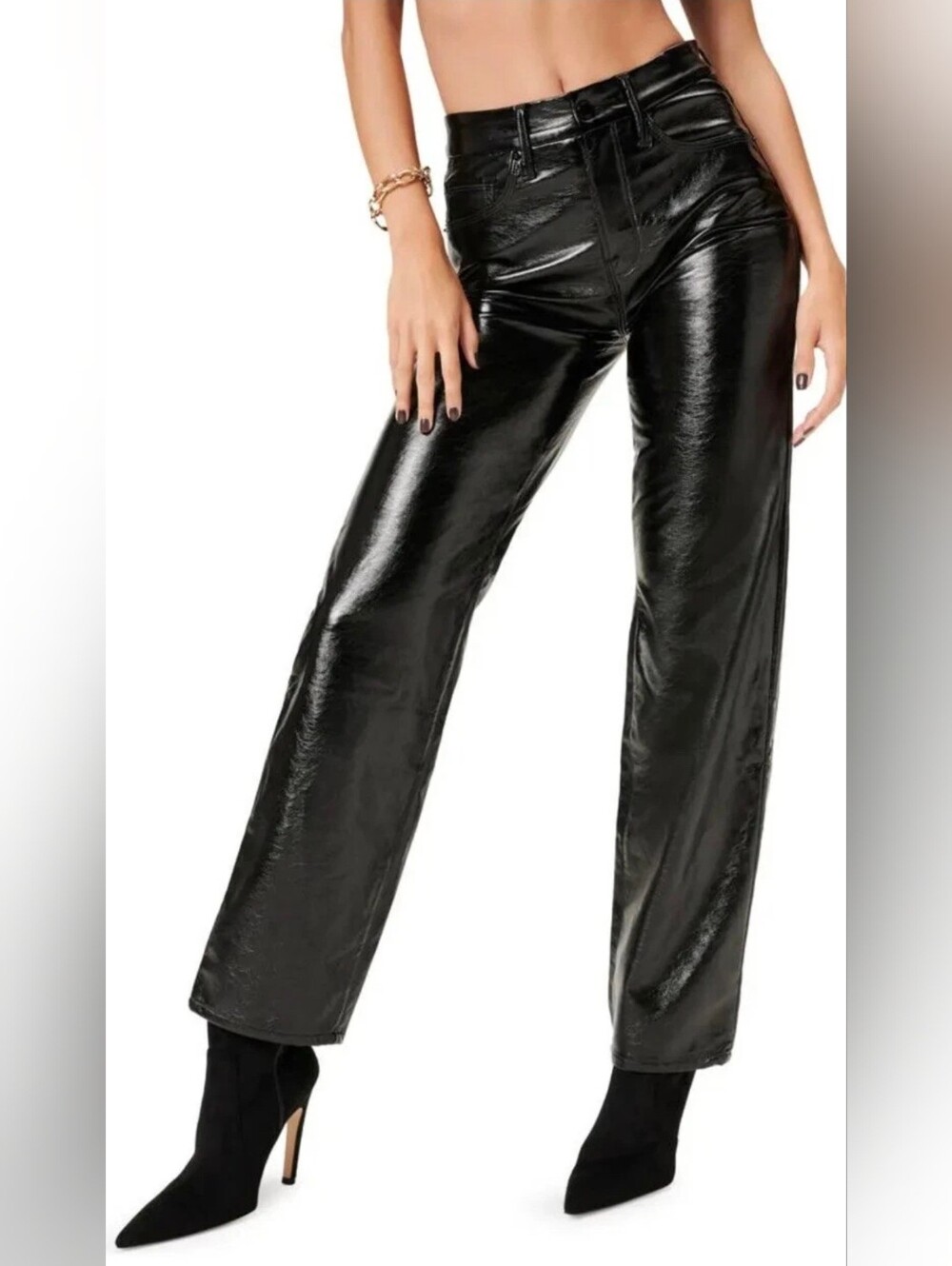 Good American Good 90s Textured Vinyl Pants Black Shiny Size 6/28 Crinkle